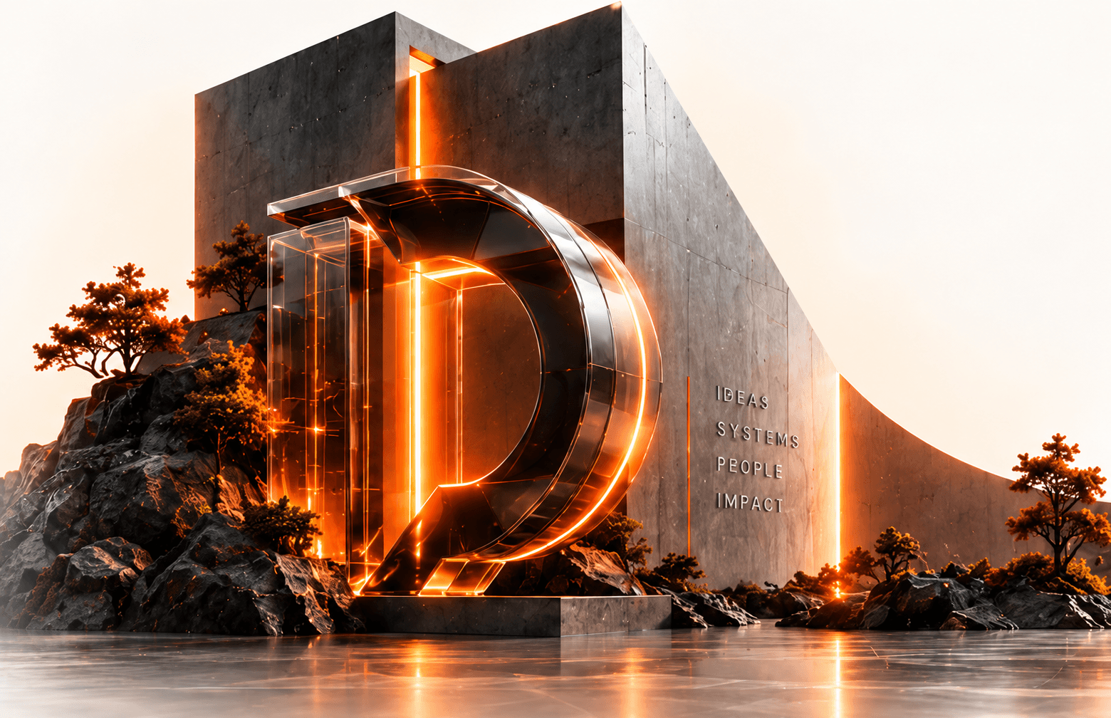 DemorX illuminated D installation in a conceptual architectural landscape