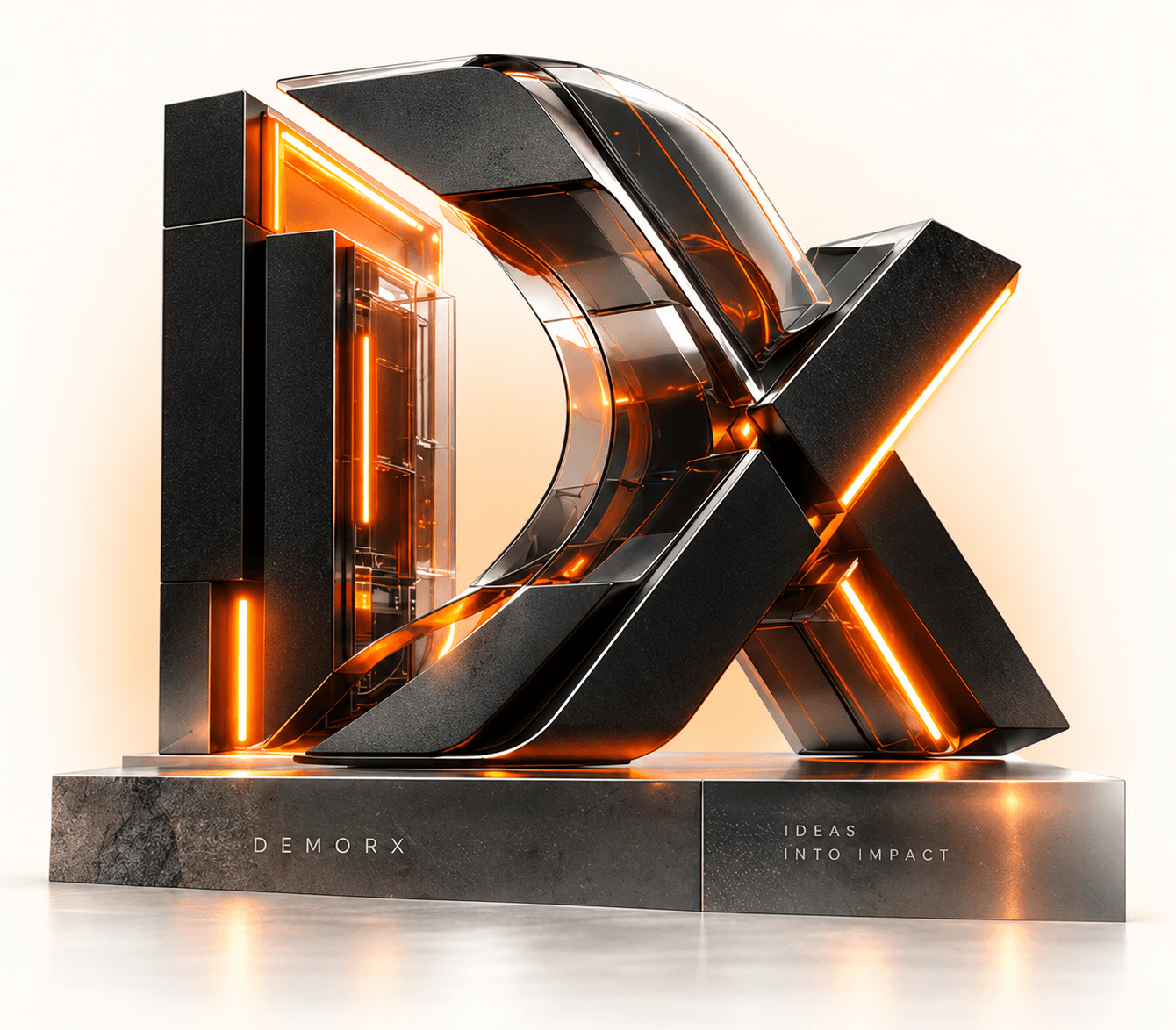 DemorX DX sculpture in black metal and glass, illuminated with orange light