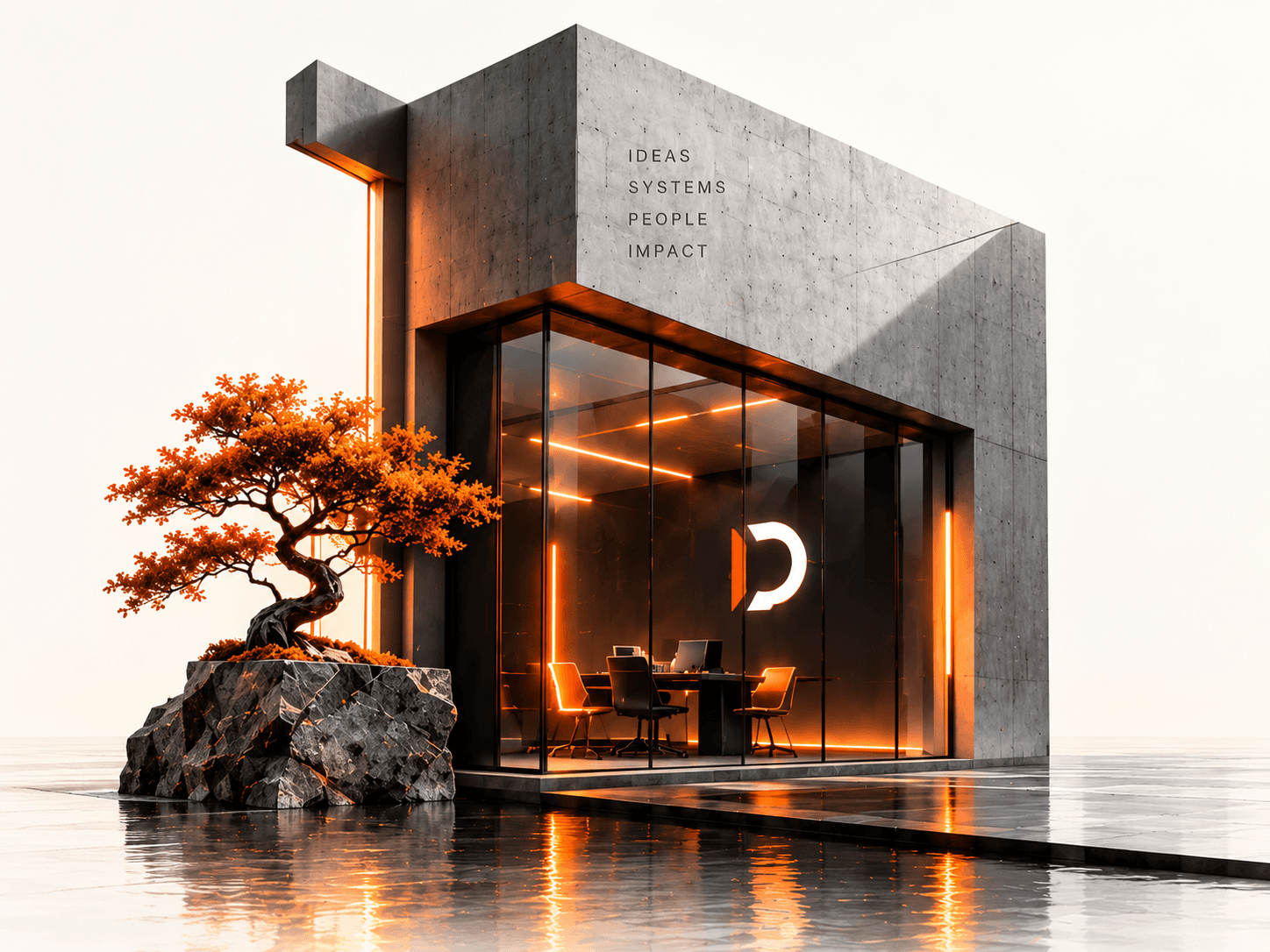 Conceptual DemorX studio architecture with orange lighting and a bonsai tree